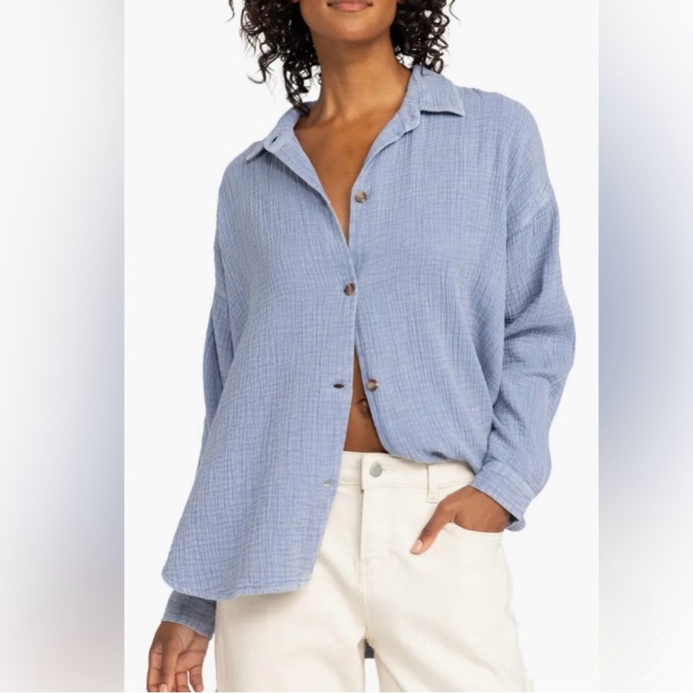 Roxy Light Blue Button-Down Indian Cotton Long Sl… - image 2